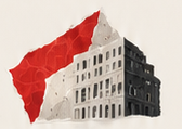 Colagem de um edifício com papel rasgado vermelho